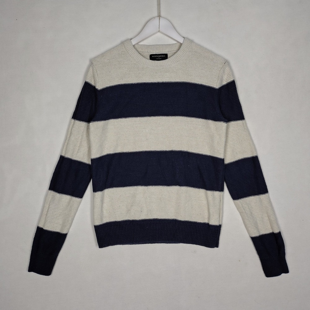 Banana Republic Mens Small Navy Cream Striped Linen Blend Crewneck Sweater